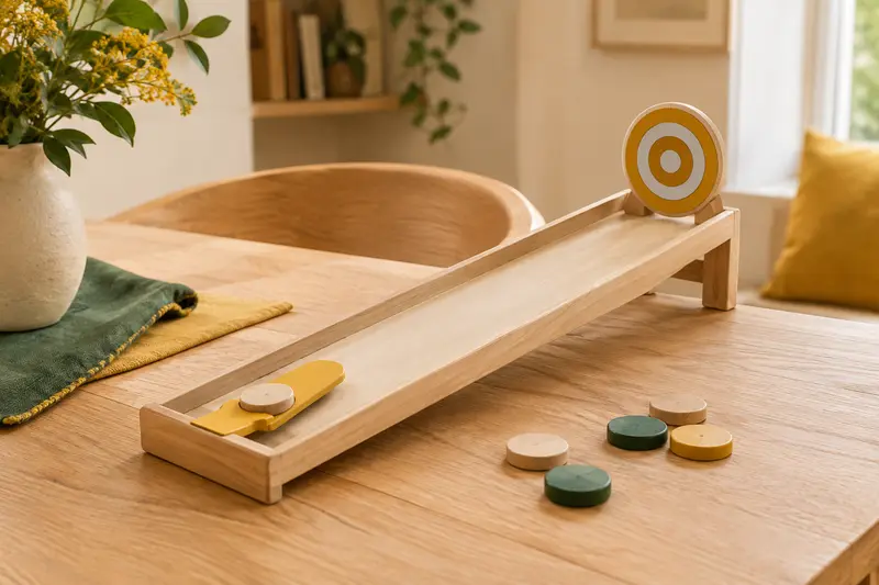 Jeu d’adresse de table avec palets et petite cible de lancer