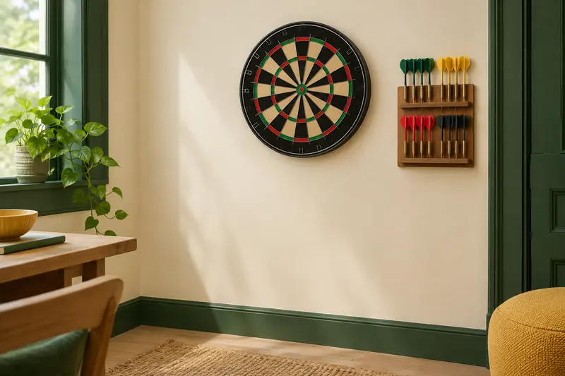 Cible de fléchettes murale avec accessoires rangés à proximité