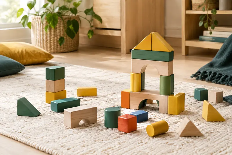 Briques de construction colorées autour d’une petite structure assemblée