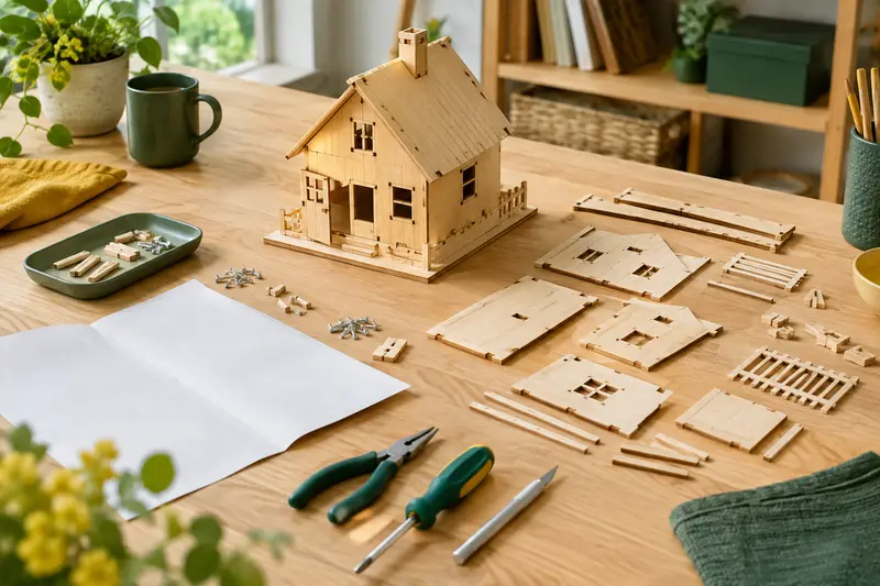 Maquette à assembler avec pièces détachées et petits outils rangés