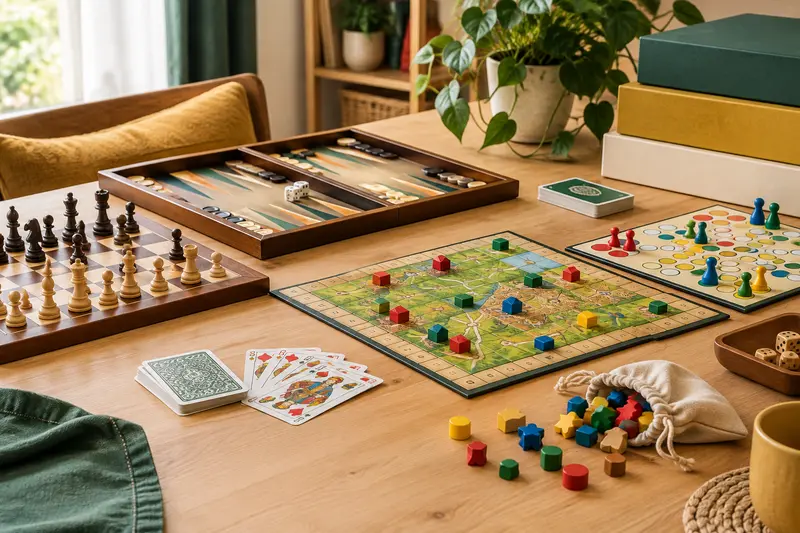 Plateau de jeu, cartes et pions disposés sur une table en bois clair
