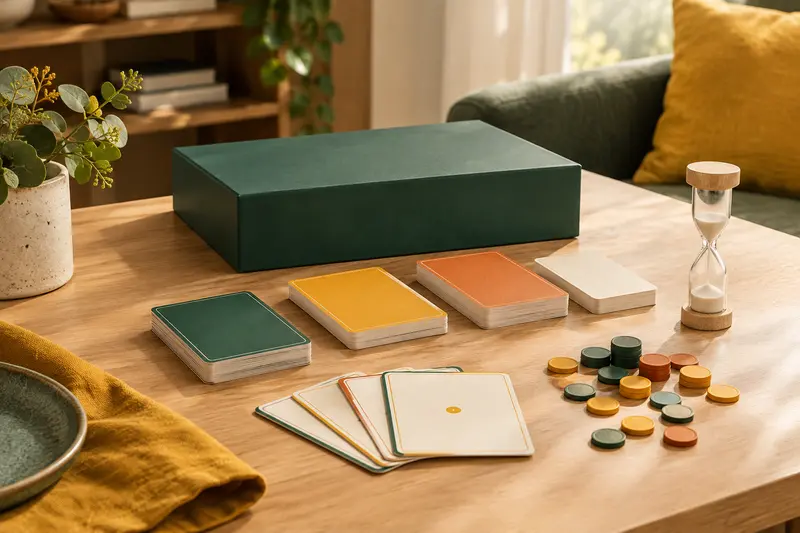Cartes de jeu, jetons et sablier réunis pour une partie conviviale
