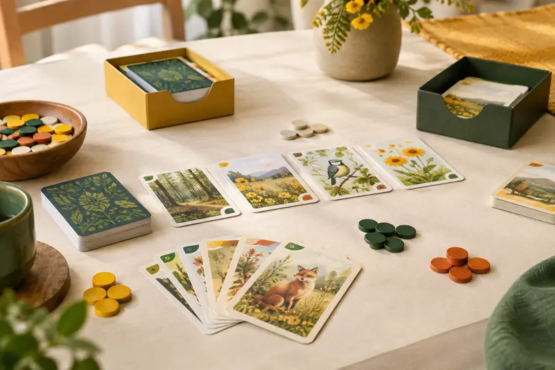 Cartes illustrées et jetons réunis sur une table claire