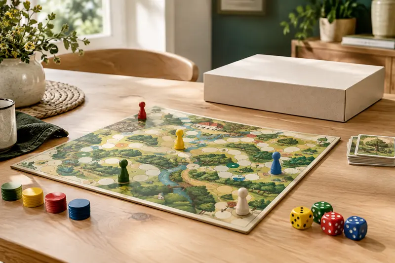 Plateau de jeu coloré avec pions et dés sur une table claire