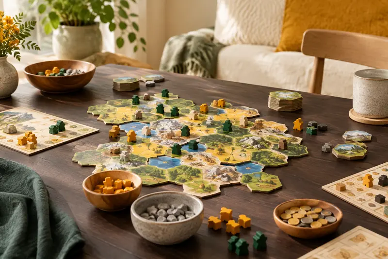 Tuiles, pions et éléments de jeu de stratégie sur une table