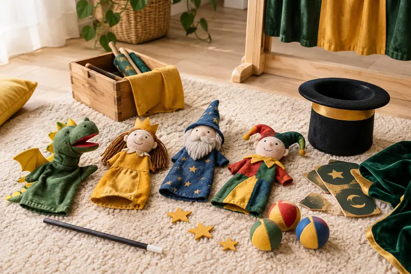 Marionnettes textiles et accessoires de magie disposés sur un tapis clair