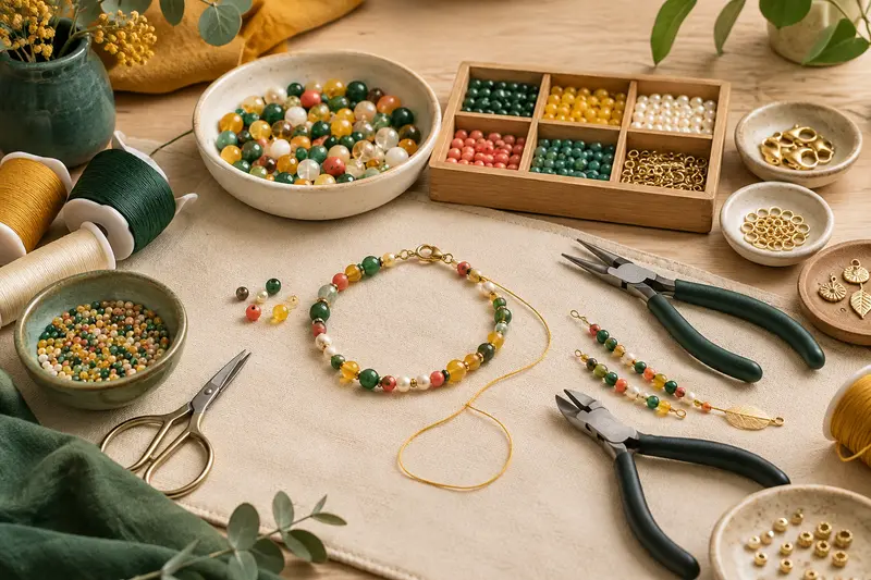 Perles, fils et fermoirs d’un kit de création de bijoux