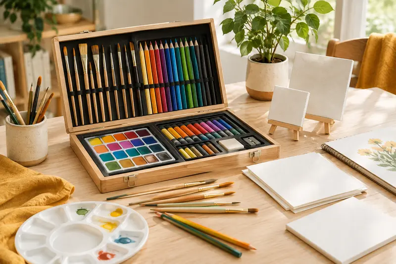Pinceaux, crayons et godets de couleur dans un coffret créatif