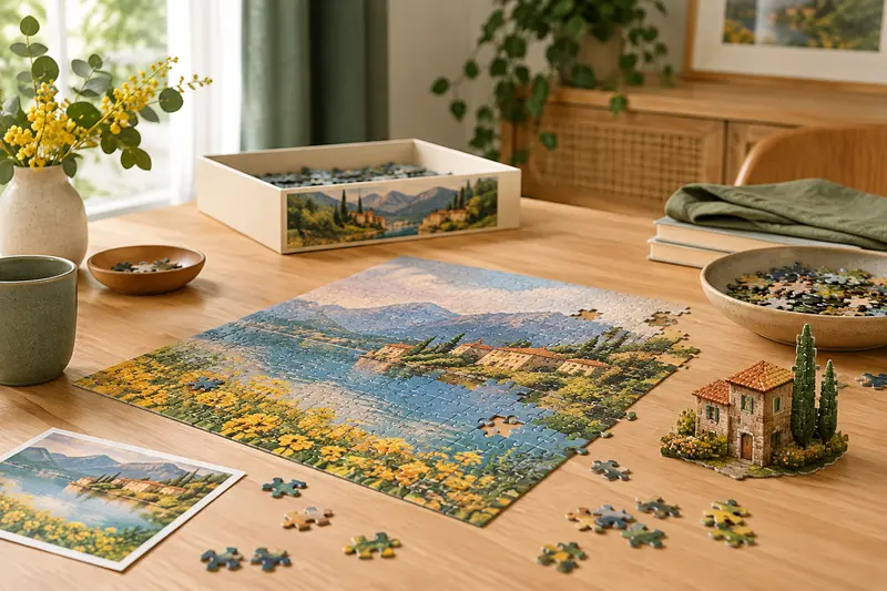 Puzzle illustré en cours d’assemblage avec quelques pièces éparses