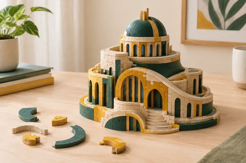 Puzzle 3D assemblé en volume avec quelques pièces détachées