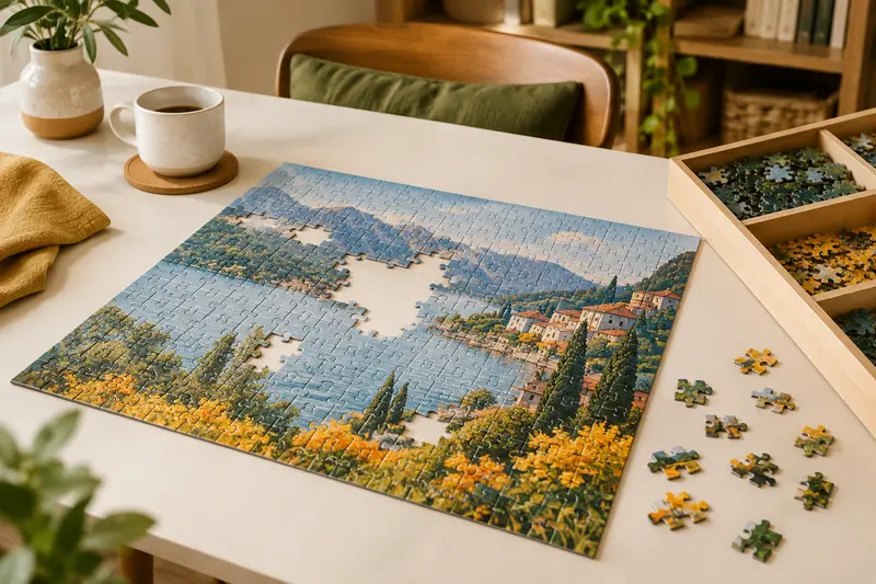 Puzzle illustré partiellement assemblé avec pièces éparses sur la table