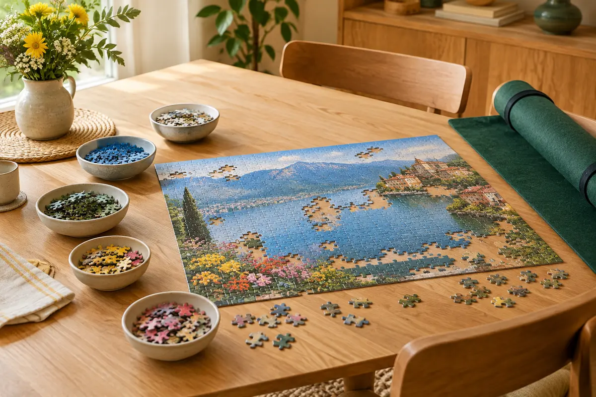 Puzzle en cours sur une table, avec pièces triées, tapis de rangement et espace de travail dégagé