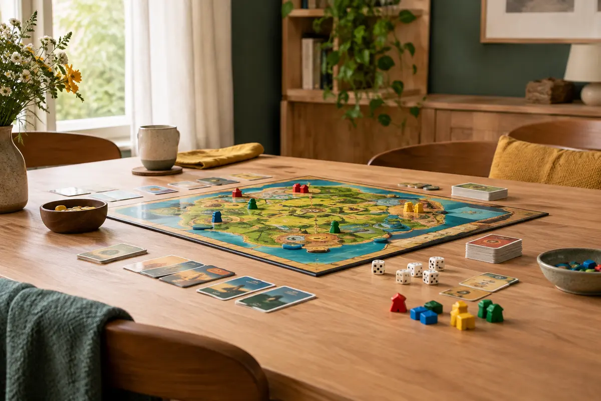 Plateau, cartes, dés et pions disposés sur une table pour une partie de jeu de société en famille.