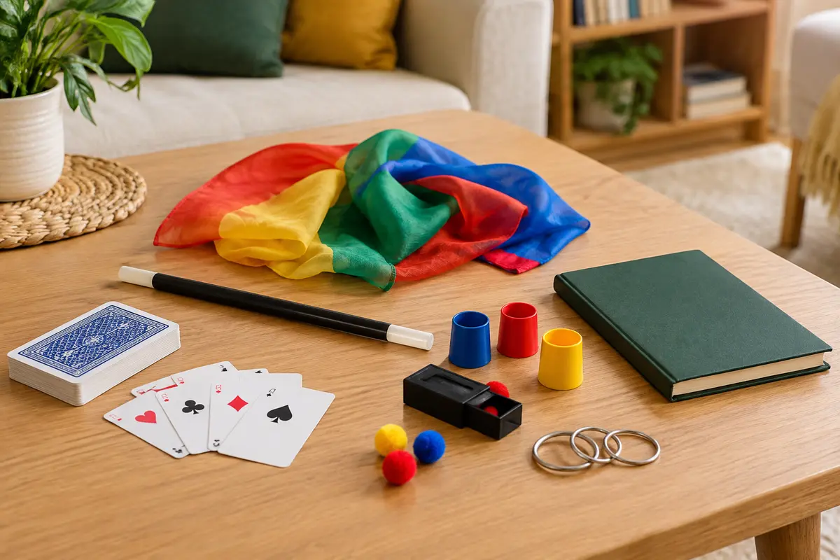 Kit de magie pour débutant disposé sur une table, avec cartes, baguette, foulard et livret fermé