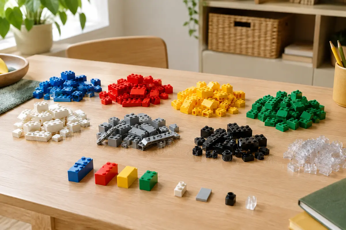 Briques de construction de tailles différentes triées sur une table pour comparer leurs formats et systèmes d’assemblage.