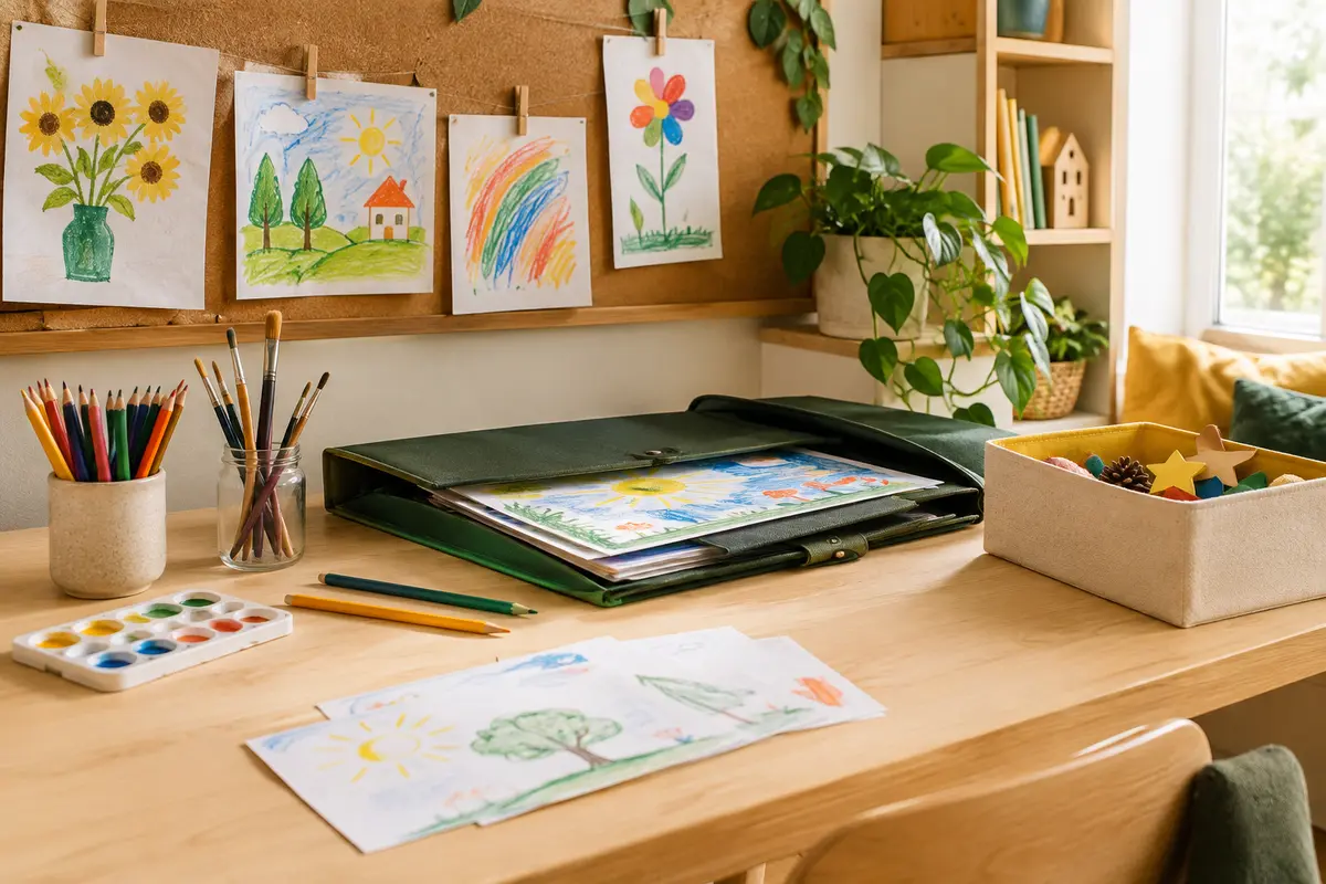 Dessins d’enfant affichés sur un panneau près d’une chemise de rangement et de fournitures créatives.
