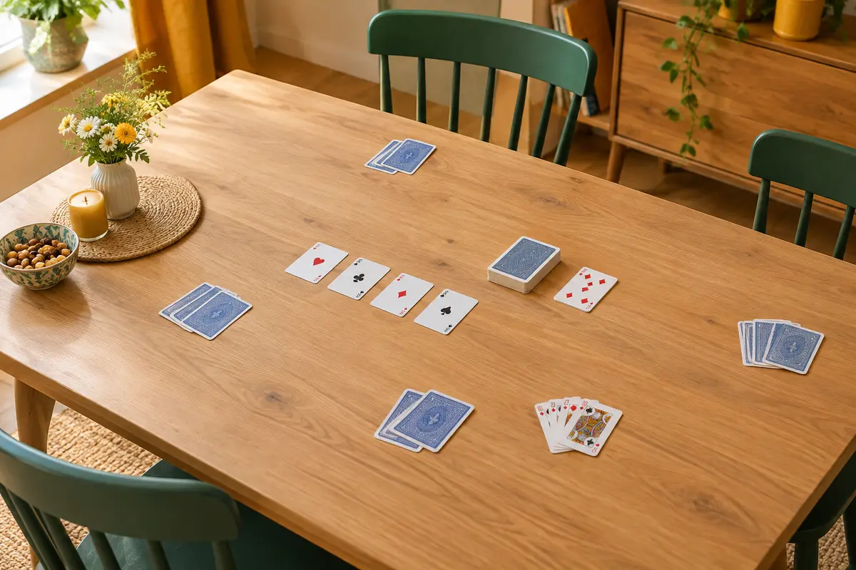 Cartes disposées sur une table pour expliquer un tour d’essai avant une partie en famille.