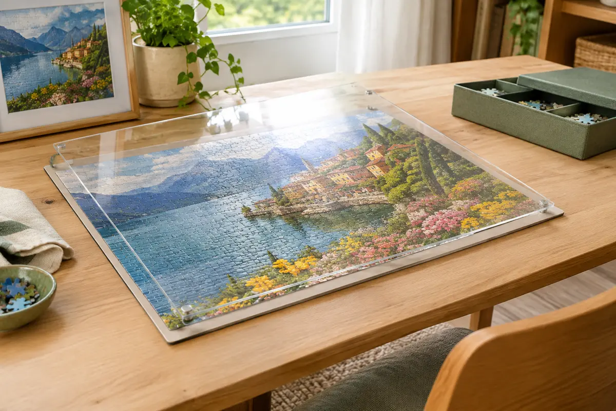 Puzzle terminé sur un panneau rigide, protégé par une plaque transparente dans un intérieur lumineux