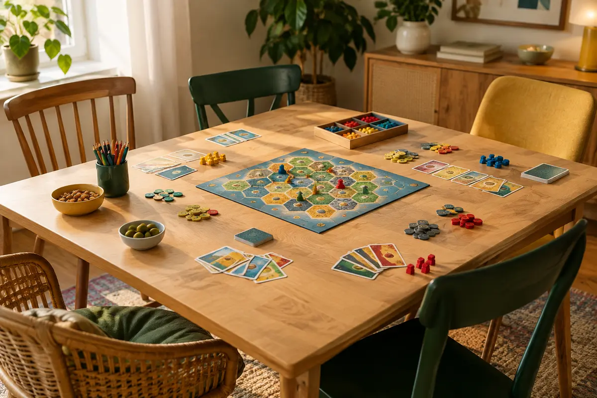 Table accueillante préparée avec des jeux de société, des cartes et des jetons pour une partie en famille.