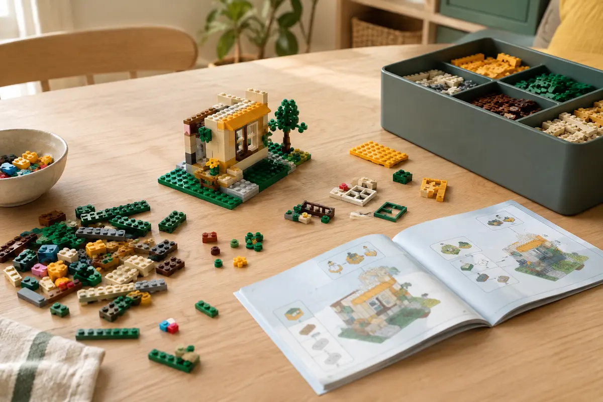 Jeu de construction et petites pièces triées sur une table avec une notice ouverte