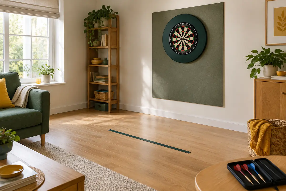 Cible de fléchettes fixée sur un mur avec une zone de jeu dégagée et des fléchettes rangées