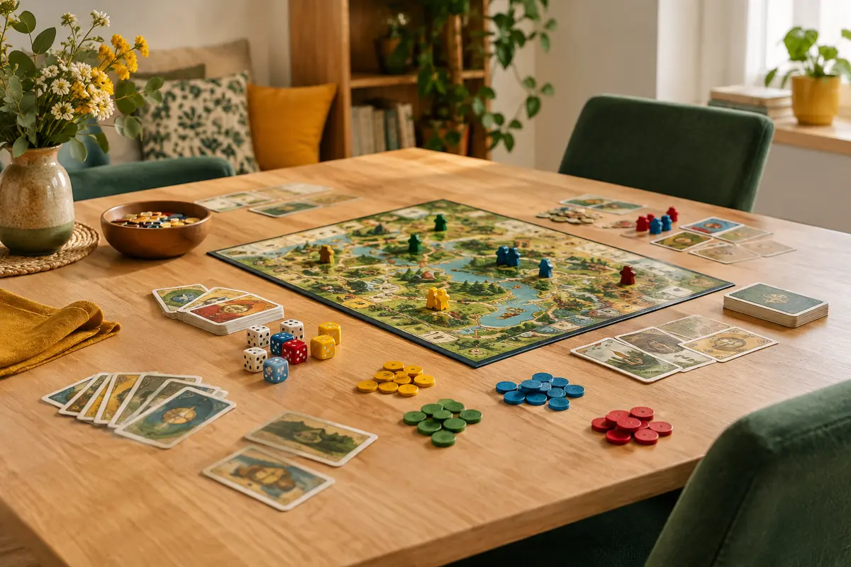 Plateau de jeu, cartes et dés disposés sur une table pour une partie en famille