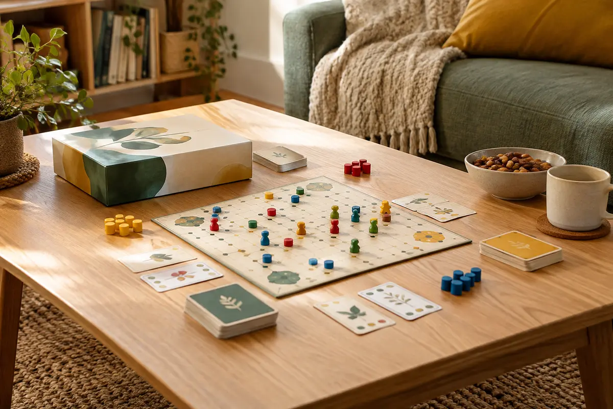 Jeu de société compact installé pour deux joueurs sur une petite table de salon éclairée chaleureusement.