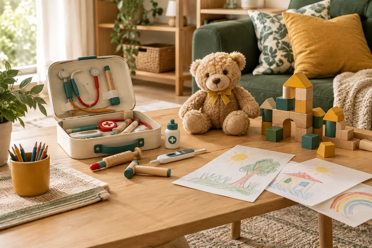 Mallette de médecin jouet, peluche et cubes en bois réunis pour un jeu d’imitation à la maison