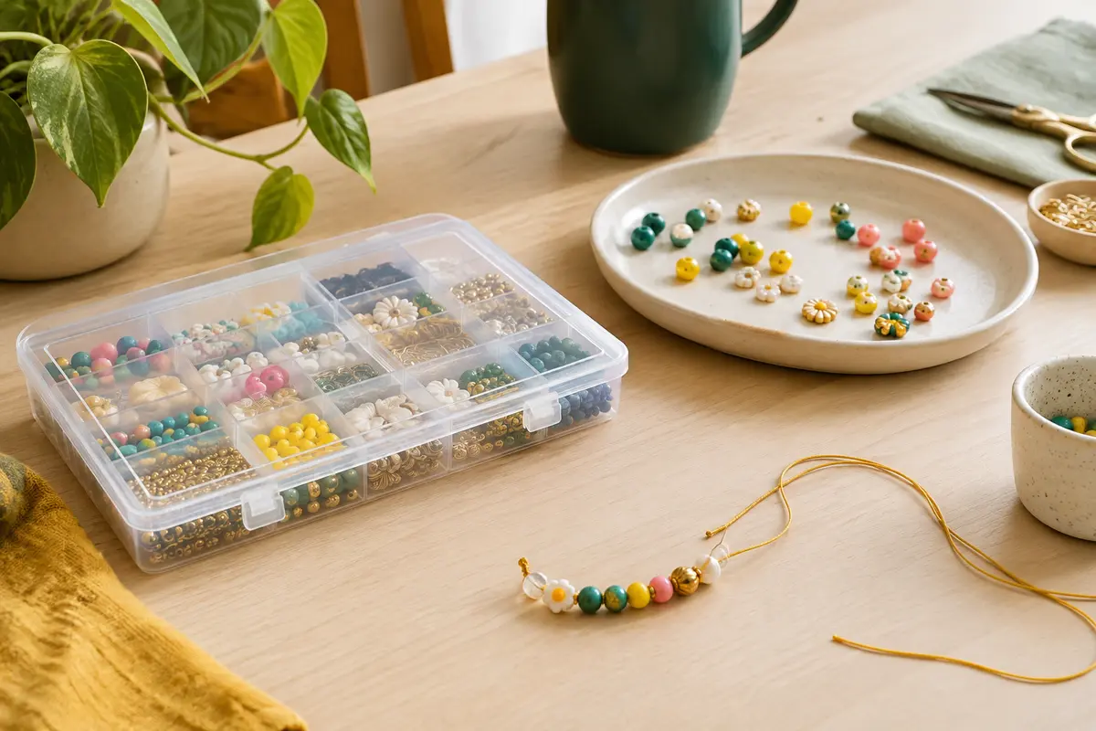 Kit de bijoux rangé en compartiments sur une table dégagée, avec quelques perles et un bracelet en cours