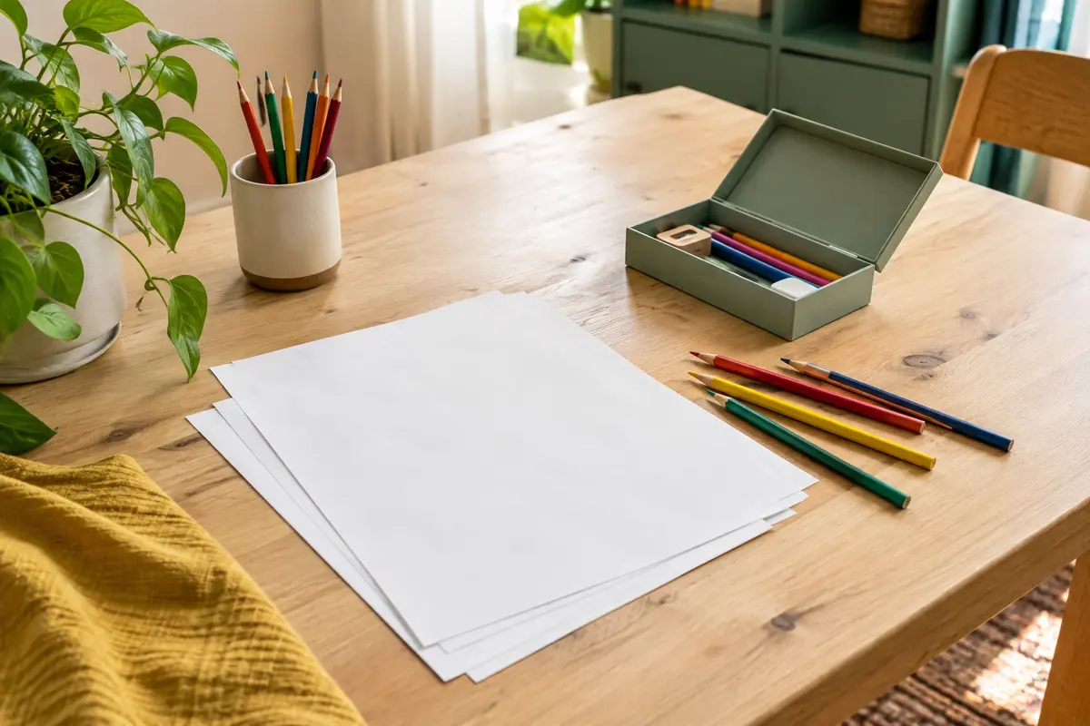 Table dégagée avec feuilles, crayons de couleur et boîte de rangement pour créer à la maison