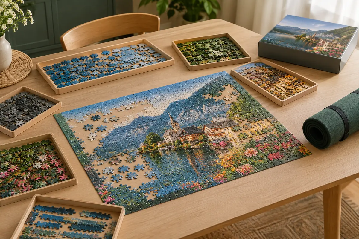 Puzzle en cours organisé sur une table avec des pièces triées dans des plateaux séparés