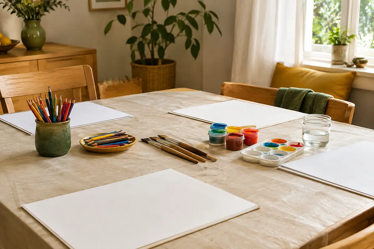 Table protégée avec feuilles, crayons, pinceaux et godets de peinture prêts pour une activité créative à la maison.