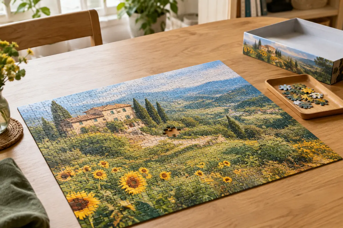 Puzzle presque terminé sur une table, avec un emplacement vide et quelques pièces regroupées à côté.