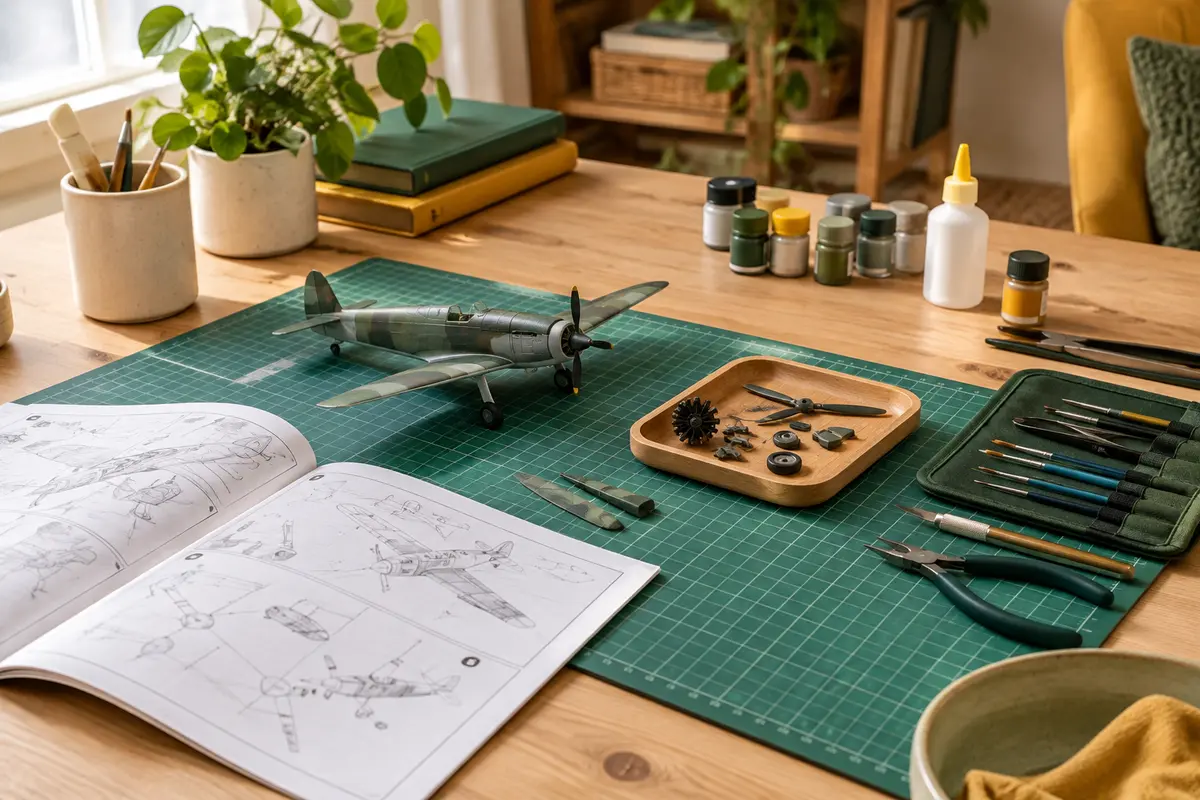 Espace de montage maquette avec notice, pièces triées et peinture et colle fermées