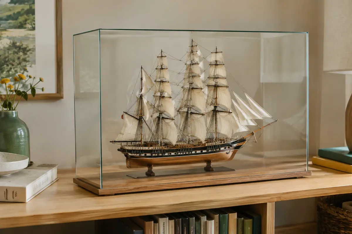 Maquette assemblée sous une vitrine transparente, posée sur une étagère à l’abri du soleil direct.