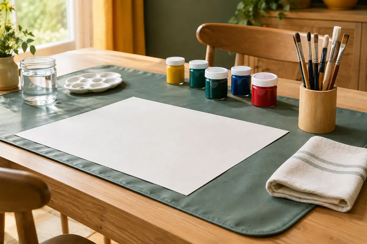Table protégée par un tapis lavable, avec feuilles vierges, pinceaux rangés et pots de peinture fermés.