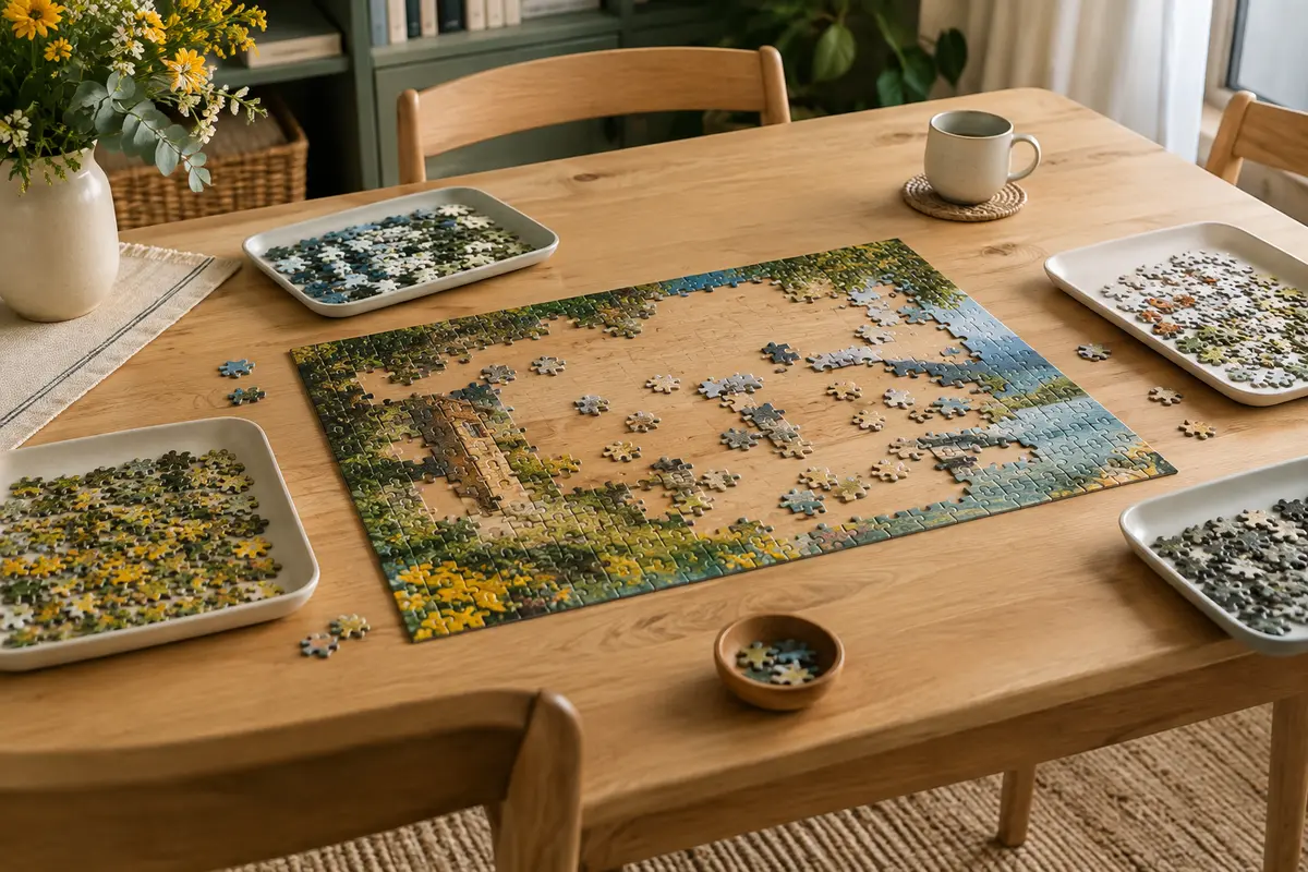 Puzzle partiellement assemblé sur une table familiale, entouré de plateaux de tri et d’une marge de travail libre.