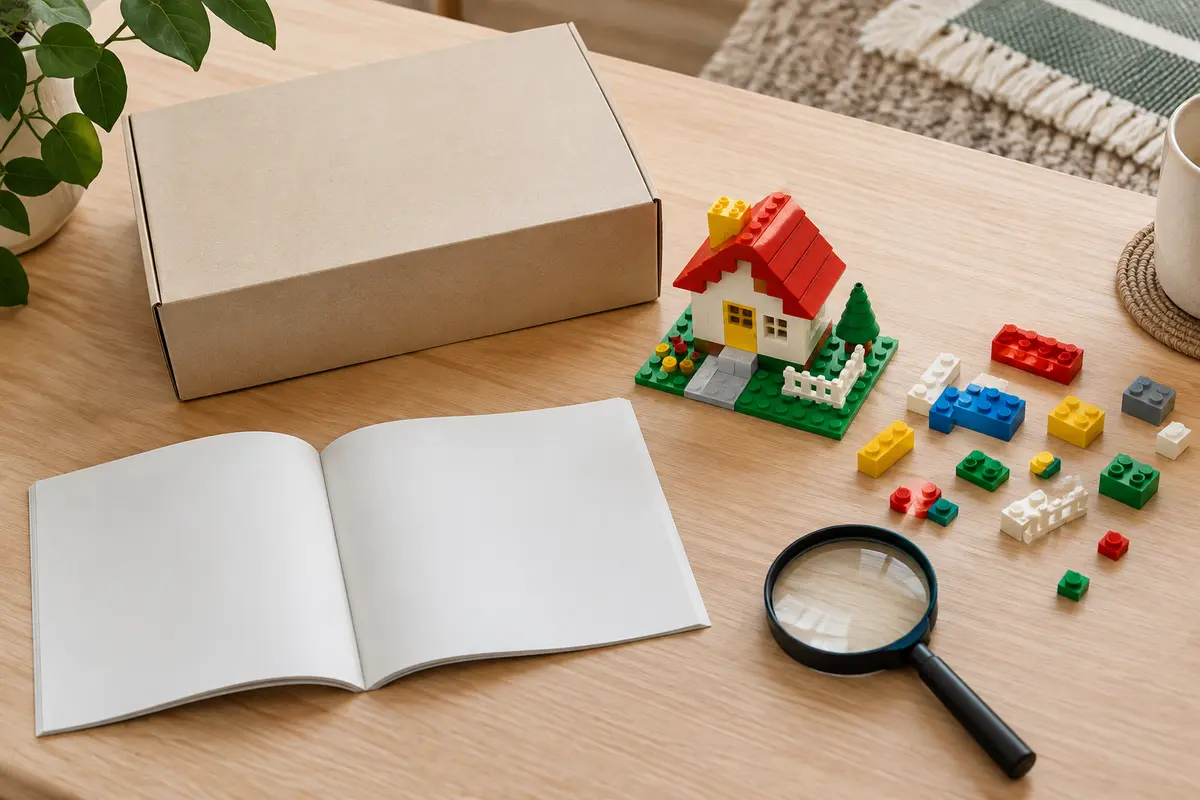 Briques de construction, boîte neutre et loupe réunies sur une table pour illustrer la vérification d’un jeu sous licence