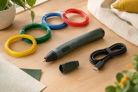 Stylo 3D 3Doodler Start+ avec filaments colorés et câble USB-C sur une table en bois clair