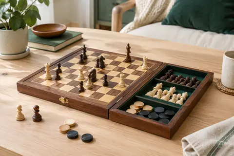 Échiquier pliable en bois marron ouvert, avec pièces d’échecs et rangement intégré visibles