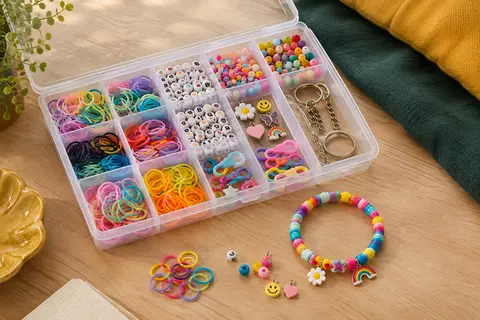 Boîte compartimentée d’élastiques colorés avec perles, charms et bracelet réalisé à la main