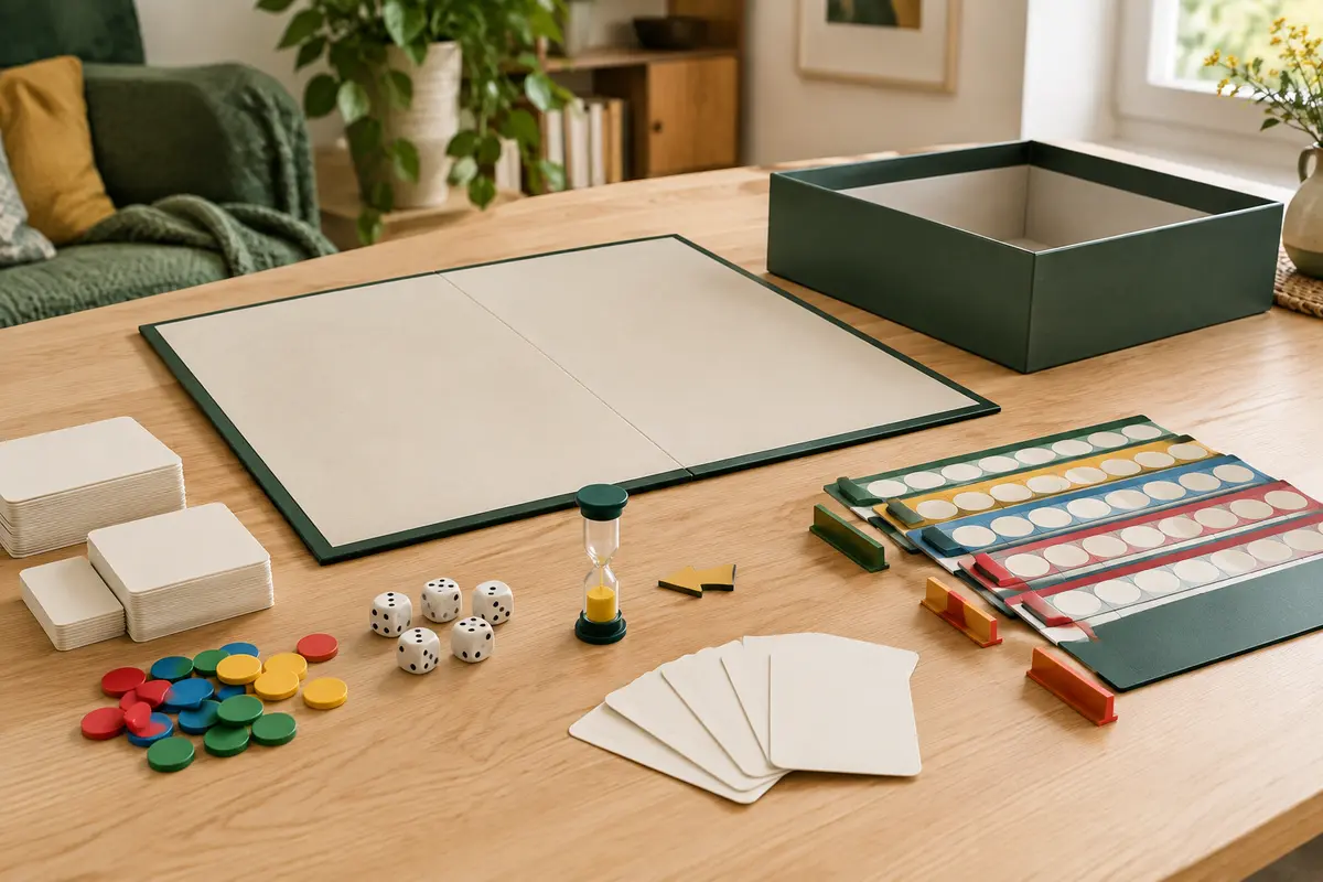 Kit de jeu de société à créer avec plateau vierge, cartes, dés, jetons colorés et sablier