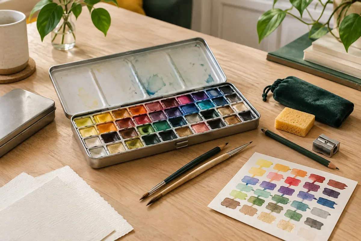 Coffret portable d’aquarelle avec 100 couleurs, pinceaux et accessoires disposés sur une table en bois clair.