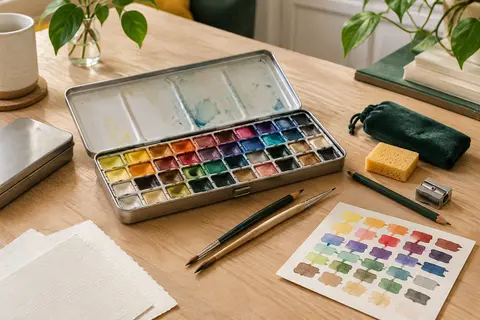Coffret portable d’aquarelle avec 100 couleurs, pinceaux et accessoires disposés sur une table en bois clair.