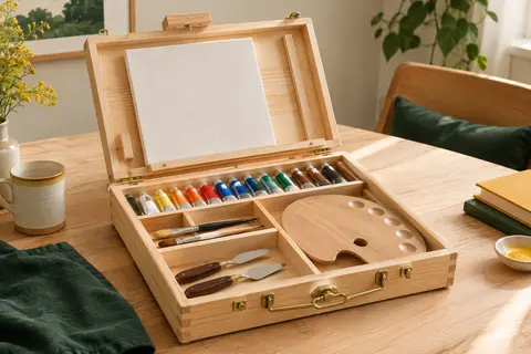 Coffret chevalet en bois ouvert avec toile, tubes de peinture acrylique et accessoires sur une table claire