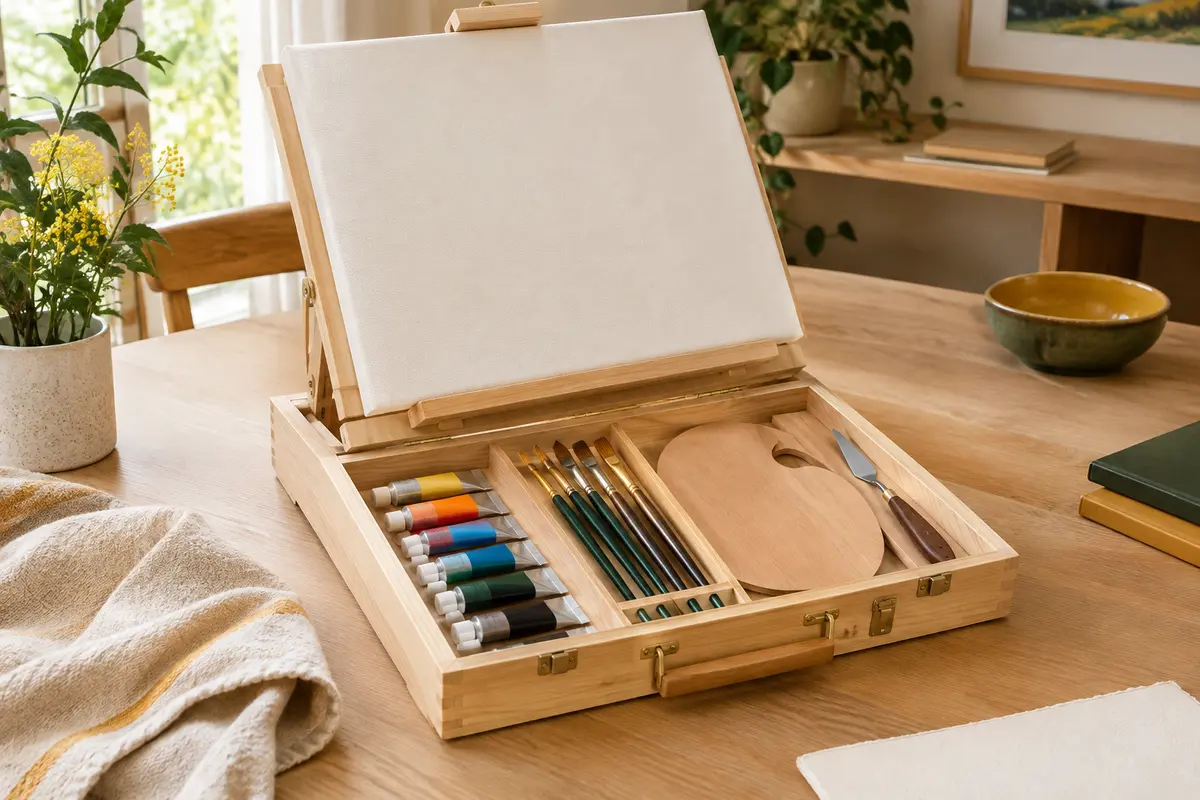 Coffret chevalet en bois ouvert avec toile vierge, peintures acryliques, pinceaux et palette