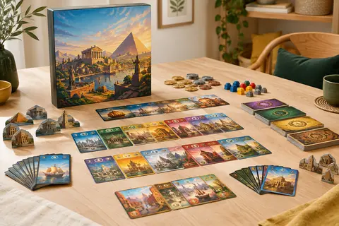 Boîte et cartes de 7 Wonders disposées sur une table en bois clair dans un intérieur lumineux