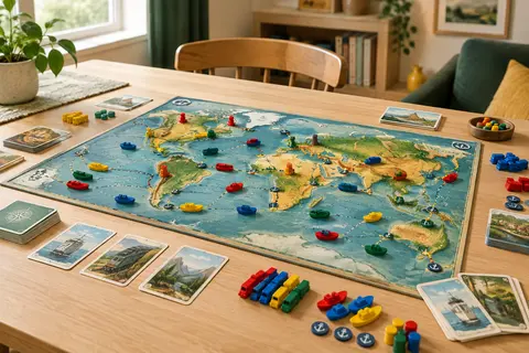 Plateau de jeu illustré avec wagons colorés, bateaux et cartes disposés sur une table en bois clair