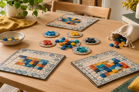 Plateaux de mosaïque, tuiles colorées en résine et sac en lin disposés sur une table en bois clair.