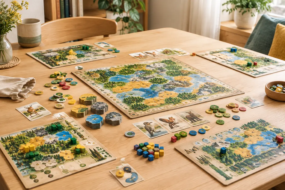 Plateau de jeu de stratégie avec paysages colorés, cartes illustrées d’animaux, jetons et petits cubes